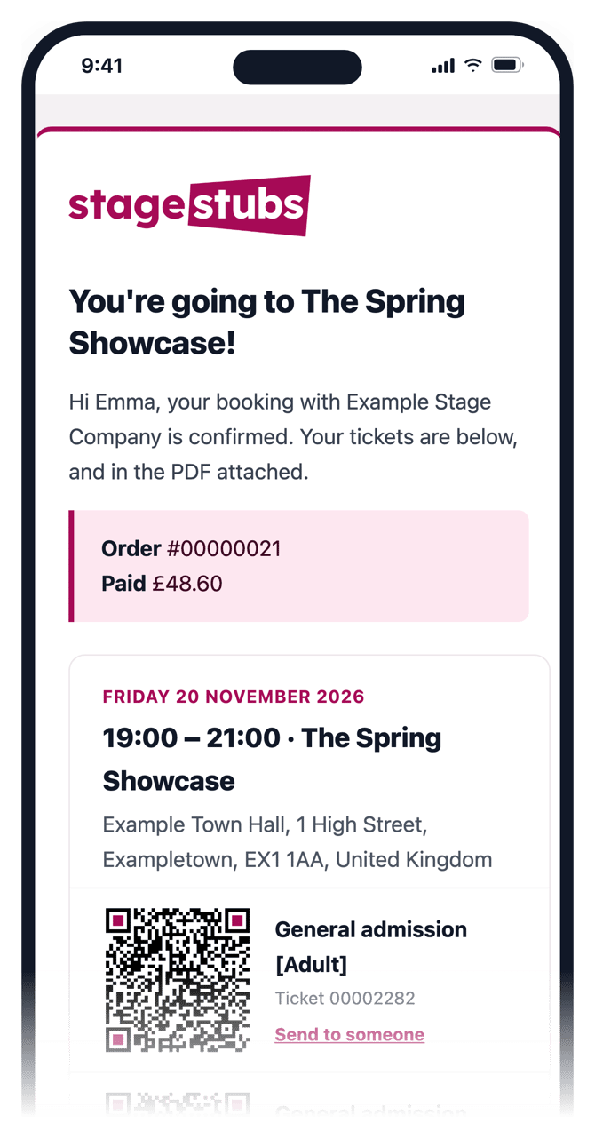 A Stage Stubs booking confirmation email on a phone, with the order number, show details and a QR code for each ticket