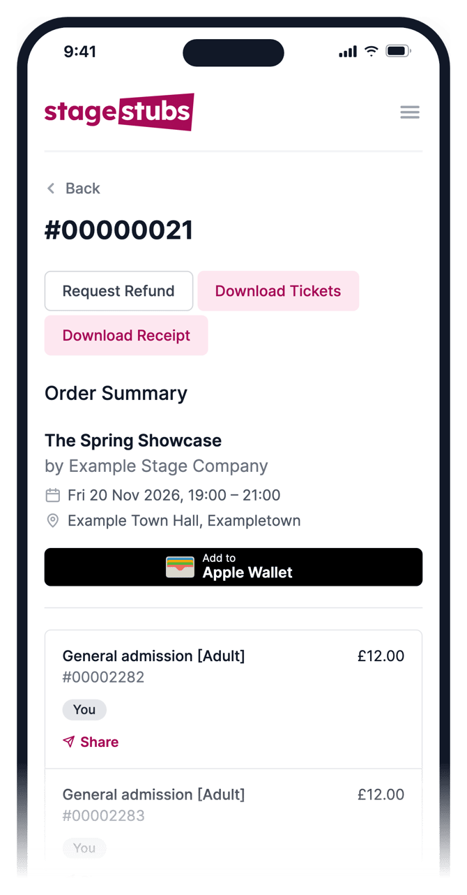 An order on a phone with Request Refund, Download Tickets and Download Receipt buttons, and Add to Apple Wallet