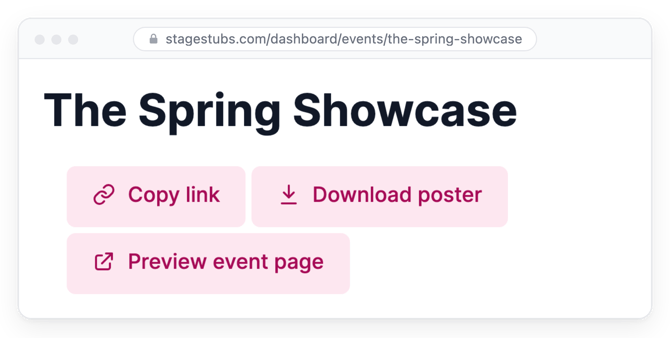 The Copy link, Download poster and Preview event page buttons at the top of an event