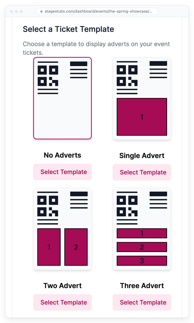 Choosing a ticket template for adverts: No Adverts, Single Advert, Two Advert or Three Advert