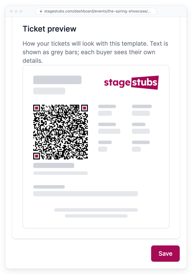The ticket preview showing where your advert will appear, with the Save button