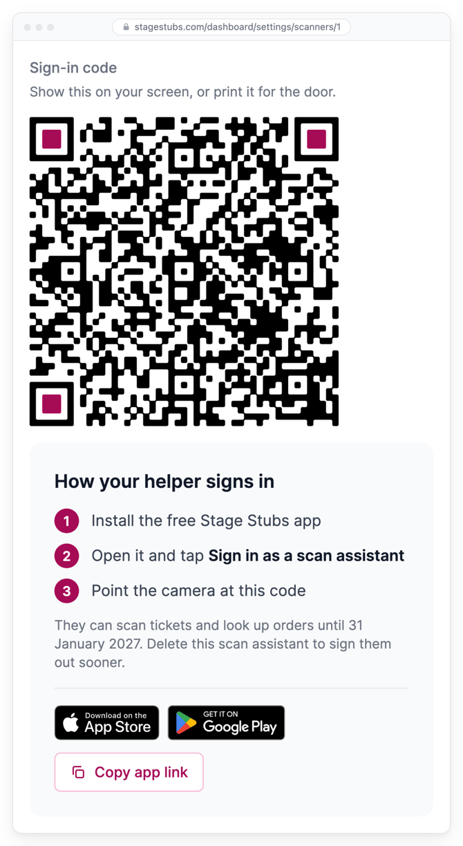 A scan assistant's sign-in code, with the three steps your helper follows to sign in to the app
