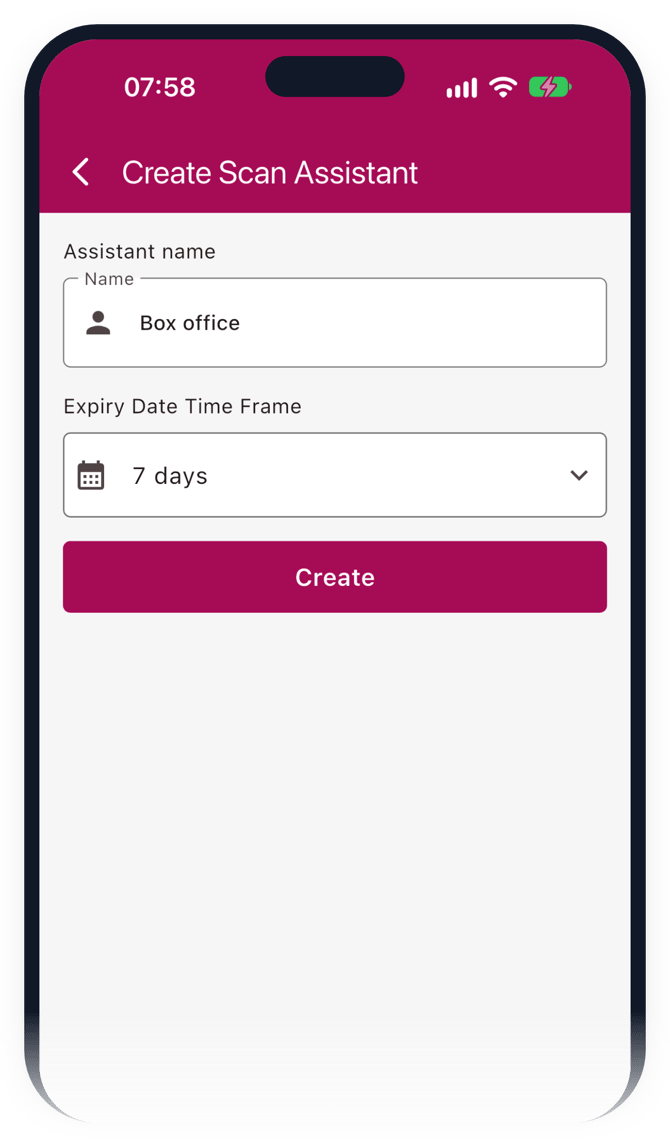 Creating a scan assistant in the Stage Stubs app: their name and how long their access lasts