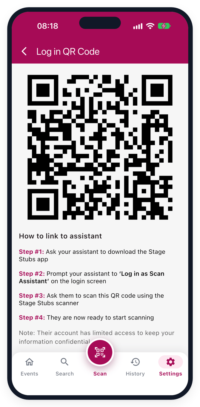 A scan assistant's sign-in QR code in the Stage Stubs app, with the steps to link their phone
