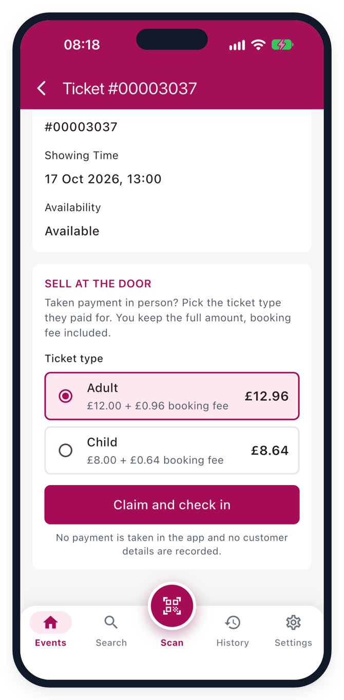 Selling a ticket at the door in the Stage Stubs app: choose Adult or Child, see the price to charge, then Claim and check in