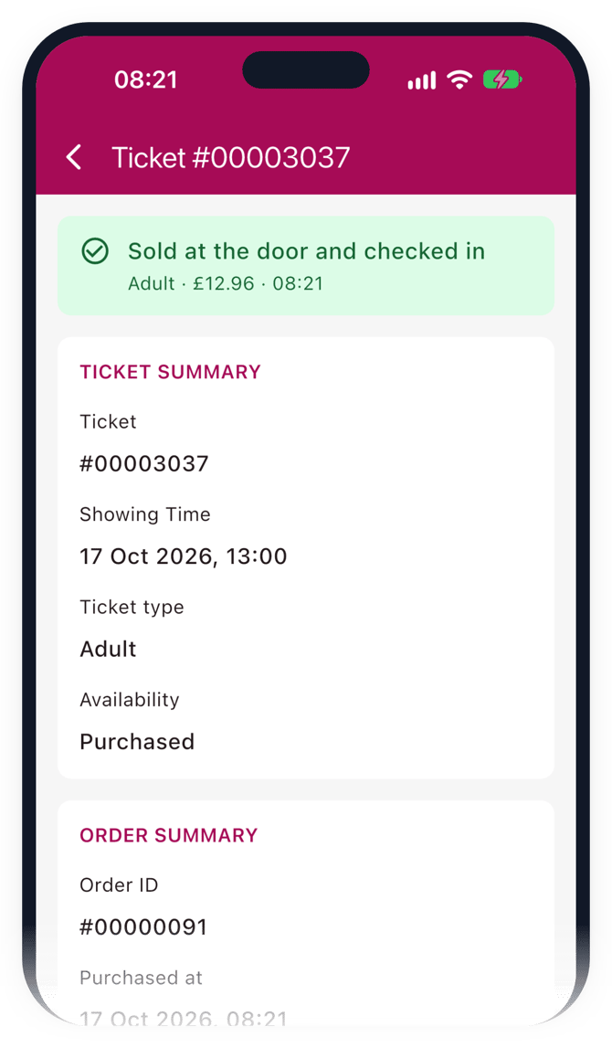 Sold at the door and checked in: the confirmation in the Stage Stubs app