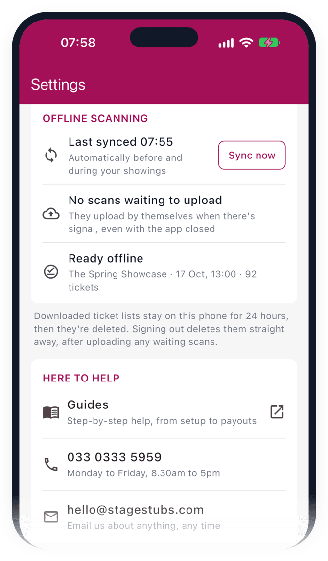 Offline scanning in the Stage Stubs app settings: when it last synced, scans waiting to upload, and which showings are ready offline