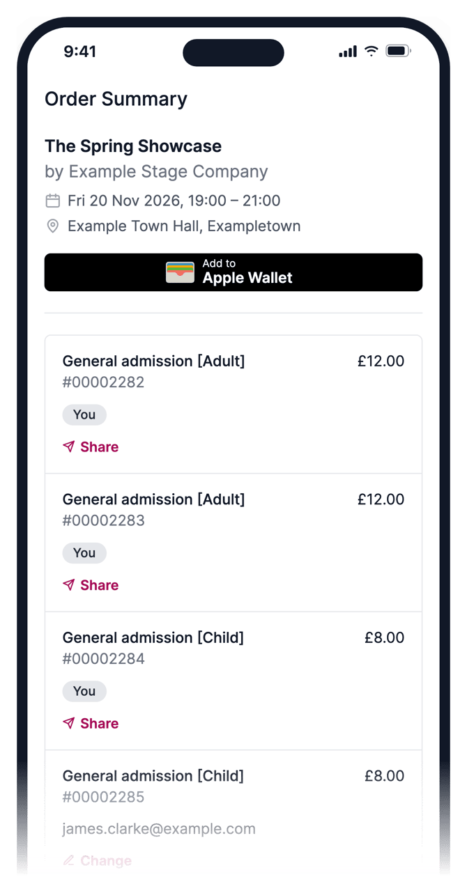 An order's tickets on a phone, each with a Share link, and one ticket already sent to someone else's email address